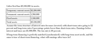 Colter Steel has $5,100,000 in assets.
Temporary current assets $2,200,000
Permanent current assets 1,560,000
Fixed assets
Total assets
1,340,000
$5,100,000
Assume the term structure of interest rates becomes inverted, with short-term rates going to 12
percent and long-term rates 3 percentage points lower than short-term rates. Earnings before
interest and taxes are $1,080,000. The tax rate is 40 percent.
If long-term financing is perfectly matched (synchronized) with long-term asset needs, and the
same is true of short-term financing, what will earnings after taxes be?