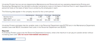 University Printers has two service departments (Maintenance and Personnel) and two operating departments (Printing and
Developing). Management has decided to allocate maintenance costs on the basis of machine-hours in each department and
personnel costs on the basis of labor-hours worked by the employees in each.
The following data appear in the company records for the current period:
Maintenance Personnel
Printing Developing
3,000
2,000
$29,500
Machine-hours
1,000
1,000
Labor-hours
500
500
Department direct costs
$14,000
$38,500
$43,500
University Printers estimates that the variable costs in the Personnel Department total $17,750 and in the Maintenance Department
variable costs total $8,100. Avoidable fixed costs in the Personnel Department are $5,600.
Required:
If University Printers outsources the Personnel Department functions, what is the maximum it can pay an outside vendor without
increasing total costs? (Do not round intermediate calculations.)
Maximum Amount
