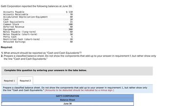 Gatti Corporation reported the following balances at June 30.
Accounts Payable
Accounts Receivable
Accumulated Depreciation-Equipment
Cash
Cash Equivalents
Common Stock
Deferred Revenue
Equipment
Notes Payable (long-term)
110
70
40
10
15
100
40
300
60
Notes Payable (short-term)
Petty Cash
Restricted Cash (short-term)
Retained Earnings
Required:
00500
30
20
40
1. What amount should be reported as "Cash and Cash Equivalents"?
2. Prepare a classified balance sheet. Do not show the components that add up to your answer in requirement 1, but rather show only
the line "Cash and Cash Equivalents."
Complete this question by entering your answers in the tabs below.
Required 1
Required 2
Prepare a classified balance sheet. Do not show the components that add up to your answer in requirement 1, but rather show only
the line "Cash and Cash Equivalents." (Amounts to be deducted should be indicated by a minus sign.)
GATTI CORPORATION
Balance Sheet
June 30