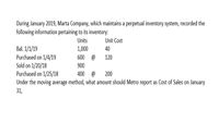 During January 2019, Marta Company, which maintains a perpetual inventory system, recorded the
following information pertaining to its inventory:
Units
Unit Cost
Bal. 1/1/19
Purchased on 1/4/19
Sold on 1/20/18
Purchased on 1/25/18
Under the moving average method, what amount should Metro report as Cost of Sales on January
1,000
40
600 @
120
900
400 @
200
31,
