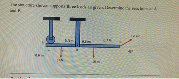 The structure shown supports three loads as given. Determine the reactions at A
and B.
II
0.3 m
0.6 m
0.6 m
5 KN
B
10 kN
0.7 m
C
12 kN
45°