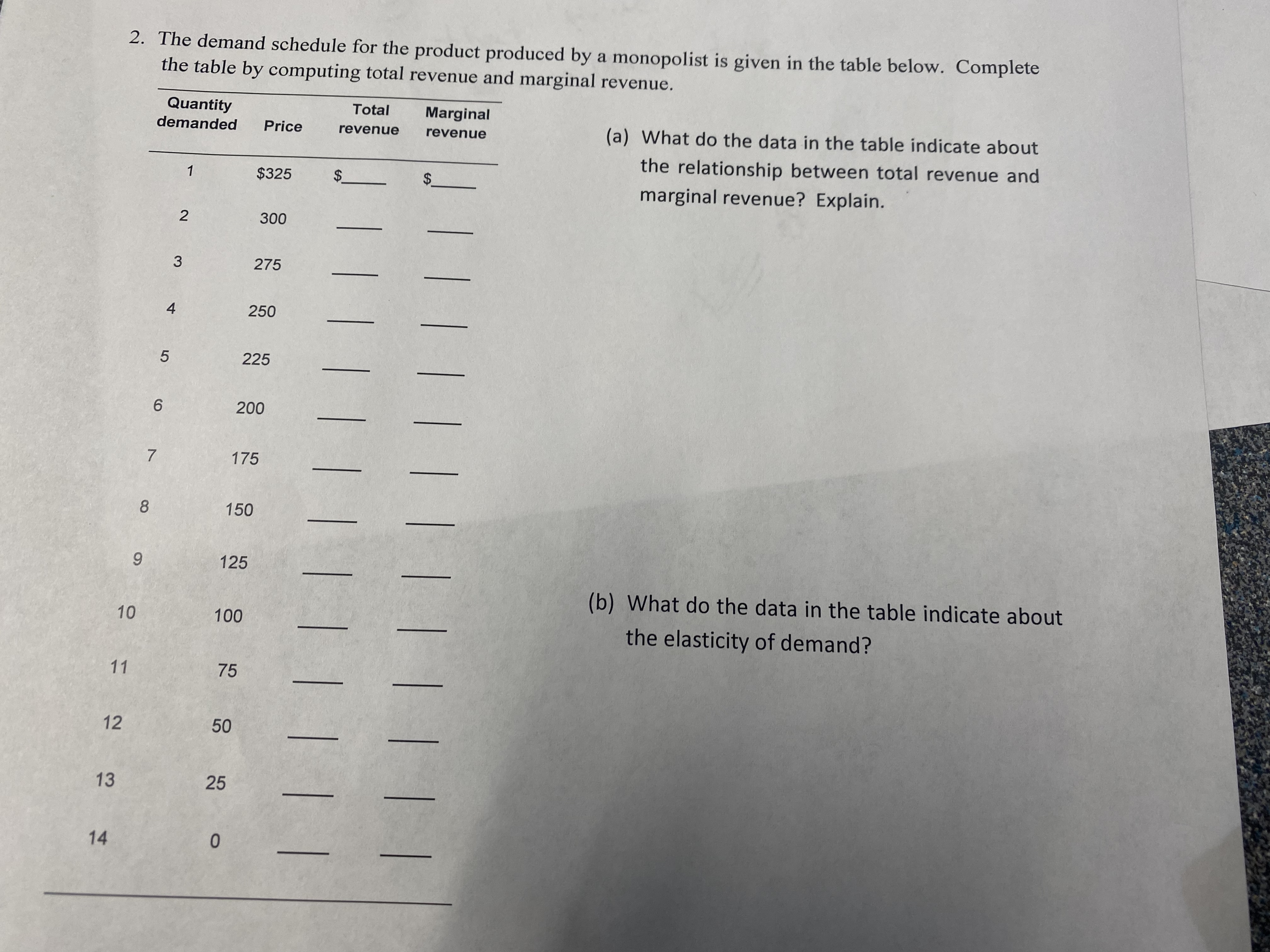 **Educational Website Content: Analyzing Demand and Revenue**

**Table Analysis**

The demand schedule for a product produced by a monopolist is presented below. Students are tasked with completing the table by computing total revenue and marginal revenue. Here's a transcription of the table:

| Quantity Demanded | Price | Total Revenue | Marginal Revenue |
|-------------------|-------|---------------|------------------|
| 0                 | $25   |               |                  |
| 1                 | $24   |               |                  |
| 2                 | $23   |               |                  |
| 3                 | $22   |               |                  |
| 4                 | $21   |               |                  |
| 5                 | $20   |               |                  |
| 6                 | $19   |               |                  |
| 7                 | $18   |               |                  |
| 8                 | $17   |               |                  |
| 9                 | $16   |               |                  |
| 10                | $15   |               |                  |
| 11                | $14   |               |                  |
| 12                | $13   |               |                  |
| 13                | $12   |               |                  |
| 14                | $11   |               |                  |

**Questions for Analysis**

1. **(a) Relationship between Total and Marginal Revenue:**
   - What do the data in the table indicate about the relationship between total revenue and marginal revenue? Explain.

2. **(b) Elasticity of Demand:**
   - What do the data in the table indicate about the elasticity of demand?

**Instructions for Students:**

- Calculate the total revenue by multiplying the quantity demanded by the price.
- Calculate the marginal revenue by finding the change in total revenue as quantity demanded increases by one unit.
- Analyze how changes in quantity and price affect both total and marginal revenue to determine the elasticity of demand and the implications for pricing strategy in a monopolistic market.

This exercise encourages students to explore the fundamentals of economics, particularly the concepts of elasticity, demand, and revenue in monopoly contexts.