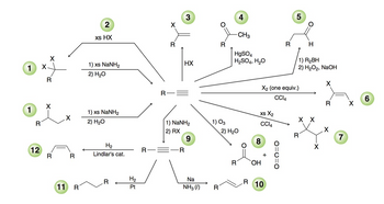 2
xs HX
1
X
1) xs NaNH2
2) H₂O
R
R
3
4
5
-CH3
R
R
H
HgSO4
H2SO4, H₂O
1) R₂BH
HX
X2 (one equiv.)
2) H2O2, NaOH
X
R
CCl4
6
R
X
X
1
X
R
2) H₂O
1) xs NaNH2
XS X2
X X
1) NaNH2
2) RX
1) O3
2) H₂O
CCl4
X
R
7
9
8
H2
12
R
R
R
R
Lindlar's cat.
+
R
OH
O=C=0
H₂
Na
R
R
10
11 R
Pt
NH3 (1)
R