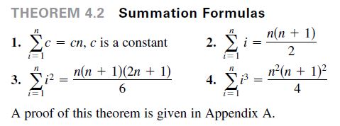 THEOREM 4.2 Summation Formulas
n(n + 1)
1. c = cn, c is a constant
2.
%3|
i=1
n(n + 1)(2n + 1)
п
3.
4.
n2(n + 1)2
4
A proof of this theorem is given in Appendix A.
