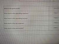 What is the gross profit?
none of th
How much is the operating expense?
(Select ]
How much is the operating income?
(Sselect]
How much is the tax expense?
[ Select]
[ Select]
How much is the net income?
