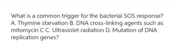 What is a common trigger for the bacterial SOS response?
A. Thymine starvation B. DNA cross-linking agents such as
mitomycin C C. Ultraviolet radiation D. Mutation of DNA
replication genes?