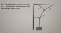 A body with mass of 250 kg is supported by
five 15 mm diameter cables. Determine the
normal stress in each cables.
40
30
60
