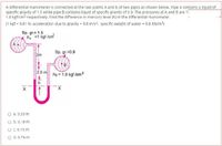 A differential manometer is connected at the two points A and B of two pipes as shown below. Pipe A contains a liquid of
specific gravity of 1.5 while pipe B contains liquid of specific gravity of 0.9. The pressures at A and B are 1
1.8 kgf/cm2 respectively. Find the difference in mercury level (h) in the differential manometer.
(1 kgf = 9.81 N; acceleration due to gravity = 9.8 m/s; specific weight of water = 9.8 KN/m3)
Sp. gr.= 1.5
PA 1 kgf /cnf
3m
Sp. gr=0.9
2.0 m
Pe = 1.8 kgf /cm?
h
O a. 0.33 m
O b.0.18 m
O C. 0.15 m
O d. 0.74 m
