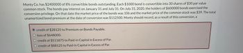 Monty Co. has $2400000 of 8% convertible bonds outstanding. Each $1000 bond is convertible into 30 shares of $30 par value
common stock. The bonds pay interest on January 31 and July 31. On July 31, 2020, the holders of $600000 bonds exercised the
conversion privilege. On that date the market price of the bonds was 106 and the market price of the common stock was $39. The total
unamortized bond premium at the date of conversion was $112500. Monty should record, as a result of this conversion, a
credit of $28125 to Premium on Bonds Payable.
loss of $648000.
credit of $511875 to Paid-in Capital in Excess of Par.
O credit of $88125 to Paid-in Capital in Excess of Par.