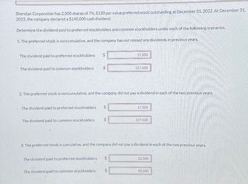 Sheridan Corporation has 2,500 shares of 7%, $130 par value preferred stock outstanding at December 31, 2022. At December 31,
2022, the company declared a $140,000 cash dividend.
Determine the dividend paid to preferred stockholders and common stockholders under each of the following scenarios.
1. The preferred stock is noncumulative, and the company has not missed any dividends in previous years.
The dividend paid to preferred stockholders
$
17,500
The dividend paid to common stockholders
$
127,500
2. The preferred stock is noncumulative, and the company did not pay a dividend in each of the two previous years.
The dividend paid to preferred stockholders
$
17.500
The dividend paid to common stockholders
$
127,500
3. The preferred stock is cumulative, and the company did not pay a dividend in each of the two previous years.
The dividend paid to preferred stockholders
$
52,500
The dividend paid to common stockholders
92,500