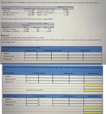 Optimal Health is an outpatient surgical clinic. The clinic's three activities, their overhead cost, and their cost drivers follow.
Activity
Supplies
Patient services
Building cost
Budgeted Activity
Budgeted Cost
$ 2,625,000
32,000
390,000
Activity Cost Driver
Surgical hours (SH)
Number of patients
Square feet
Usage
15,000
400
3,900
The two main surgical units and their actual activity usage follow.
Actual Activity Usage
Surgical
Service
Hours
General surgery
4,400
Patients
300
Square Feet
Orthopedic surgery
10,600
100
910
2,990
Required:
1. Compute activity rates using activity-based costing.
2. Allocate overhead cost to the general surgery and to the orthopedic surgery units. Compute overhead cost per patient for
each surgery unit.
1. Compute activity rates using activity-based costing.
Activity
Supplies
Budgeted Cost
Budgeted Activity Usage
Activity Rate
Patient services
Building cost
2. Allocate overhead cost to the general surgery and to the orthopedic surgery units. Compute overhead cost per patient for each surgery
unit.
General surgery
-----Activity Usage-----
-----Activity rate-----
Allocated Cost
Supplies
Patient services
Building cost
Orthopedic Surgery
Supplies
Patient services
Building cost
Overhead cost per patient
-----Activity Usage-----
-----Activity rate-----
Allocated Cost
0
0
0