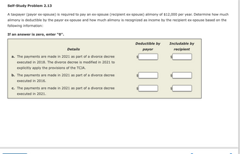 Self-Study Problem 2.13
A taxpayer (payor ex-spouse) is required to pay an ex-spouse (recipient ex-spouse) alimony of $12,000 per year. Determine how much
alimony is deductible by the payor ex-spouse and how much alimony is recognized as income by the recipient ex-spouse based on the
following information:
If an answer is zero, enter "0".
Details
a. The payments are made in 2021 as part of a divorce decree
executed in 2018. The divorce decree is modified in 2021 to
explicitly apply the provisions of the TCJA.
b. The payments are made in 2021 as part of a divorce decree
executed in 2016.
c. The payments are made in 2021 as part of a divorce decree
executed in 2021.
Deductible by
payor
Includable by
recipient
00
00