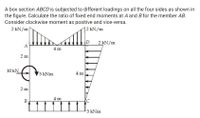 A box section ABCD is subjected to different loadings on all the four sides as shown in
the figure. Calculate the ratio of fixed end moments at A and B for the member AB.
Consider clockwise moment as positive and vice-versa.
2 kN/m
12 kN/m
D
2 kN/m
A
4 m
2 m
10ΚΝ
5 kNm
4 m
2 m
4 m
B
5 kNm
