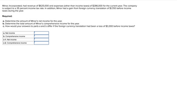 Minor, Incorporated, had revenue of $625,000 and expenses (other than income taxes) of $286,000 for the current year. The company
is subject to a 35 percent income tax rate. In addition, Minor had a gain from foreign currency translation of $1,700 before income
taxes during the year.
Required:
a. Determine the amount of Minor's net income for the year.
b. Determine the total amount of Minor's comprehensive income for the year.
c. How would your answers to parts a and b differ if the foreign currency translation had been a loss of $3,300 before income taxes?
a. Net income
b. Comprehensive income
c-1. Net income
c-2. Comprehensive income