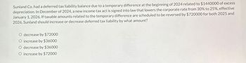 Sunland Co. had a deferred tax liability balance due to a temporary difference at the beginning of 2024 related to $1440000 of excess
depreciation. In December of 2024, a new income tax act is signed into law that lowers the corporate rate from 30% to 25% , effective
January 1, 2026. If taxable amounts related to the temporary difference are scheduled to be reversed by $720000 for both 2025 and
2026, Sunland should increase or decrease deferred tax liability by what amount?
decrease by $72000
O increase by $36000
O decrease by $36000
O increase by $72000