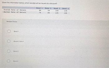 Given the information below, which bond(s) will be issued at a discount?
Stated Rate of Return
Market Rate of Return
Multiple Choice
Bond 1
Bonds 2 and 4
Bond 2
Bond 4
Bond 11 Bond 2
8%
58
79
88
Bond 3
148
148
Bond 4
139
148