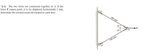 *2-4. The two wires are connected together at A. If the
force P causes point A to be displaced horizontally 2 mm,
determine the normal strain developed in each wire.
300 mm
30
30
300 mm
