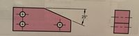 The image depicts a technical diagram of a mechanical part. The diagram consists of two main views:

1. **Top View**: 
   - This shows a rectangular part with a slanted top edge.
   - There are three circular holes within the part, each marked with crosshairs indicating precise center points.
   - The top right edge is cut at a 25-degree angle from the horizontal.

2. **Side View**:
   - This view provides a vertical cross-section of the part.
   - It shows the alignment of two of the circular holes visible from this perspective.
  
This diagram is useful for understanding both the shape of the part and the precise location of holes, which are critical for assembly or manufacturing processes.