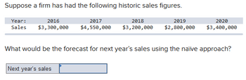 Suppose a firm has had the following historic sales figures.
Year:
2016
2017
Sales $3,300,000 $4,550,000
2018
2019
$3,200,000 $2,800,000
Next year's sales
2020
$3,400,000
What would be the forecast for next year's sales using the naïve approach?