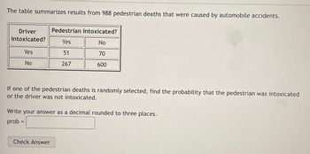 The table summarizes results from 988 pedestrian deaths that were caused by automobile accidents.
Driver
Intoxicated?
Yes
No
Pedestrian Intoxicated?
Yes
No
51
70
267
600
If one of the pedestrian deaths is randomly selected, find the probability that the pedestrian was intoxicated
or the driver was not intoxicated.
Write your answer as a decimal rounded to three places.
prob =
Check Answer