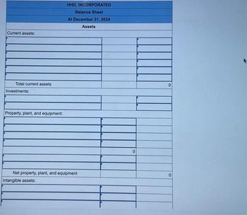 Current assets:
Total current assets
Investments:
Property, plant, and equipment:
HHD, INCORPORATED
Balance Sheet
At December 31, 2024
Assets
Net property, plant, and equipment
Intangible assets:
0
0
0