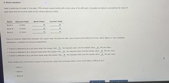 5. Bond valuation
Roen is planning to invest in five-year, 15% annual coupon bonds with a face value of $1,000 each. Complete the table by calculating the value of
each bond and the current yields at the various discount rates.
Bond
Discount Rate
Bond Value
Current Yield
Bond A
6.00%
Bond B
Bond C
15.00%
17.20%
There is a distinct relationship between the coupon rate, the discount rate, and a bond's price relative to its par value. Based on your preceding
calculations, complete the following statements:
A bond is referred to as a par bond when the coupon rate
A bond is referred to as a discount bond when the coupon rate
A bond is referred to as a premium bond when the coupon rate,
the required yield, and the market value
the required yield, and the market value
the required yield, and the market value
the par value.
the par value.
the par value.
If the market price of the bond is equal to the intrinsic value (the computed value), which bond listed is selling at par?
Bond C
Bond A
Bond B