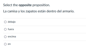 Select the opposite proposition.
La camisa y los zapatos están dentro del armario.
debajo
fuera
encima
en