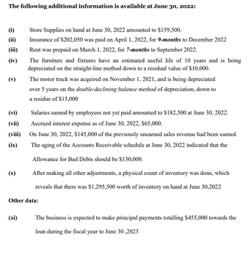 The following additional information is available at June 30, 2022:
(i)
(ii)
(iii)
(iv)
(v)
(vi)
(vii)
(viii)
(ix)
(x)
Store Supplies on hand at June 30, 2022 amounted to $159,500.
Insurance of $202,050 was paid on April 1, 2022, for 9-months to December 2022
Rent was prepaid on March 1, 2022, for 7-months to September 2022.
(xi)
The furniture and fixtures have an estimated useful life of 10 years and is being
depreciated on the straight-line method down to a residual value of $10,000.
The motor truck was acquired on November 1, 2021, and is being depreciated
over 5 years on the double-declining balance method of depreciation, down to
a residue of $15,000
Salaries earned by employees not yet paid amounted to $182,500 at June 30, 2022.
Accrued interest expense as of June 30, 2022, $65,000.
On June 30, 2022, $145,000 of the previously unearned sales revenue had been earned.
The aging of the Accounts Receivable schedule at June 30, 2022 indicated that the
Allowance for Bad Debts should be $130,000.
After making all other adjustments, a physical count of inventory was done, which
reveals that there was $1,295,500 worth of inventory on hand at June 30,2022
Other data:
The business is expected to make principal payments totalling $455,000 towards the
loan during the fiscal year to June 30,2023