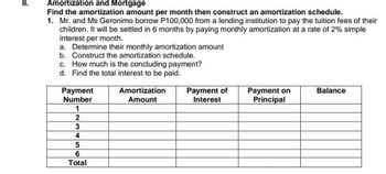 II.
Amortization and Mortgage
Find the amortization amount per month then construct an amortization schedule.
1. Mr. and Ms Geronimo borrow P100,000 from a lending institution to pay the tuition fees of their
children. It will be settled in 6 months by paying monthly amortization at a rate of 2% simple
interest per month.
a. Determine their monthly amortization amount
b. Construct the amortization schedule.
c. How much is the concluding payment?
d. Find the total interest to be paid.
Payment
Number
1
2
3
4
5
6
Total
Amortization
Amount
Payment of
Interest
Payment on
Principal
Balance