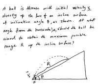 A ball is thrown with initial velocity v
directiy up the face t
of inclination angle &, as shown. At what
inc line sur face
an
angle from the honzo nda )x,
should He ball be
aimed to obtain Hhe
maximum posble
range
R
He inc live sur face?
up
7 So
