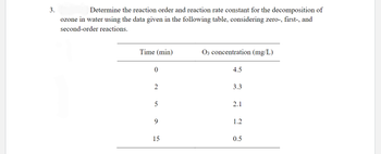 3.
Determine the reaction order and reaction rate constant for the decomposition of
ozone in water using the data given in the following table, considering zero-, first-, and
second-order reactions.
Time (min)
0
2
5
9
15
O3 concentration (mg/L)
4.5
3.3
2.1
1.2
0.5