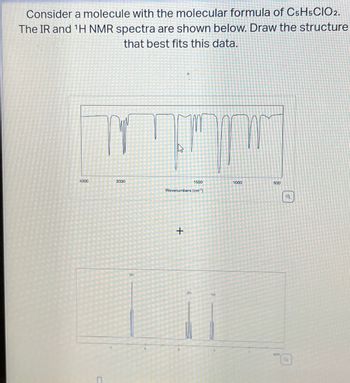 Consider a molecule with the molecular formula of C5H5CIO2.
The IR and ¹H NMR spectra are shown below. Draw the structure
that best fits this data.
4000
3000
2H
K
Ins
1500
Wavenumbers (cm³)
+
24
1H
1000
500
Fam
6