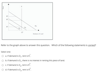 R
D:
R!
D2
Q
Hectares of Land
Refer to the graph above to answer this question. Which of the following statements is correct?
Select one:
O a. If demand is D,, rent is R'.
O b. If demand is D,, there is no interest in renting this piece of land.
O c. If demand is D,, rent is R.
O d. If demand is D,, rent is R.
2'
Rent
