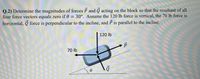 Q.2) Determine the magnitudes of forces P and Q acting on the block so that the resultant of all
four force vectors equals zero if 0 = 30°. Assume the 120 lb force is vertical, the 70 lb force is
horizontal, Q force is perpendicular to the incline, and P is parallel to the incline.
120 lb
70 lb
