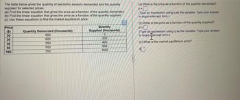 The table below gives the quantity of electronic sensors demanded and the quantity
supplied for selected prices.
(a) Find the linear equation that gives the price as a function of the quantity demanded.
(b) Find the linear equation that gives the price as a function of the quantity supplied.
(c) Use these equations to find the market equilibrium price.
Price
($)
20
CRAWNG
30
40
50
100
Quantity Demanded (thousands)
650
600
550
500
250
Quantity
Supplied (thousands)
0
200
400
600
1600
COTTES
(a) What is the price as a function of the quantity demanded?
P=0
(Type an expression using q as the variable. Type your answer
in slope-intercept form.)
(b) What is the price as a function of the quantity supplied?
p=
(Type an expression using q as the variable. Type your answer
in slope-tercept form.)
(c) What is the market equilibrium price?