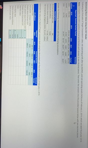 Estimating Share Value Using the DCF Model
Following are forecasts of Target Corporation's sales, net operating profit after tax (NOPAT), and net operating assets (NOA) as of February 2, 2019, which we label fiscal year 2018.
Note: Complete the entire question in Excel and format each answer to two decimal places. Then enter the answers into the provided spaces below with two decimal places.
Reported Forecast Horizon Period
$
millions 2018
Terminal
2019
2020 2021 2022
$79,124 $83,830 $87,234 $92,346
Period
$93,428
4,767
Sales
$76,106
NOPAT
3,269
NOA
23,770
4,152 3,572 4,501 3,939
24,197 26,157 26,677 28,761 28,571
Answer the following requirements with the following assumptions:
Assumptions
Terminal period growth rate
2%
Discount rate (WACC)
7.63%
Common shares outstanding
517.80 million
Net nonoperating obligations (NNO) $12,473 million
Estimate the value of a share of Target common stock using the discounted cash flow (DCF) model as of February 2, 2019.
($ millions)
Increase in NOA
Reported
2018
$
LA
Forecast Horizon
Terminal
2019
2020
2021
2022
Period
427 $
FCFF (NOPAT - Increase in NOA)
Present value of horizon FCFF
3725
1960 $
1612
520 $
3981
2084 $
1855
3461.4
1402.92
3246.03
1420.39
Cum. present value of horizon FCFF $
0
Present value of terminal FCFF
0
Total firm value
NNO
0
12473
Firm equity value
$
-12473
Shares outstanding (millions)
Stock price per share
LA
517.8
24.05