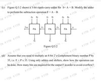 UIComplement binary number P by
35, i.e. F = P x 35. Using only adders and shifters, show how t
8 UTM
(c) Figure Q.3.2 shows a 3-bit ripple-carry-adder for S= A + B. Modify the adder
8 UTM O
to perform the subtraction operation F = A – B.
& UTM
TM & UTM
A2
B2
A1 B1
3 UTM
Ao
Bo
TM &UTM 3 UTM
Cout
FA
8 UTM & UT
FA
Co
FA
TM & UTM & UTM
S2
&UTM & UT"
8 UTM
So
Figure Q.3.2
UTM &UTM
Assume that you need to multiply an 8-bit
UTM
Td)s UTM UTM
UTM & UT
35, i.e. F = P x 35. Using only adders and shifters, show how the operation can
UTM 5 UTM
2's Complement binary number P by
, UT
- UTM 5 UTM
& UTM &U
- UTM 5 UTM
& UTM &UT
UTM 5 UTM
UT"
