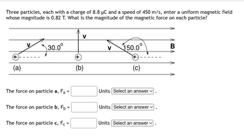 Three particles, each with a charge of 8.8 µC and a speed of 450 m/s, enter a uniform magnetic field
whose magnitude is 0.82 T. What is the magnitude of the magnetic force on each particle?
(a)
30.0⁰
The force on particle a, Fa
=
The force on particle b, Fb
=
The force on particle c, Fc =
V
+
(b)
150.0
(+
(c)
Units Select an answer ✓
Units Select an answer ✓
Units Select an answer ✓
B