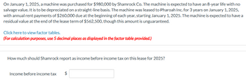 On January 1, 2025, a machine was purchased for $980,000 by Shamrock Co. The machine is expected to have an 8-year life with no
salvage value. It is to be depreciated on a straight-line basis. The machine was leased to Pharoah Inc. for 3 years on January 1, 2025,
with annual rent payments of $260,000 due at the beginning of each year, starting January 1, 2025. The machine is expected to have a
residual value at the end of the lease term of $562,500, though this amount is unguaranteed.
Click here to view factor tables.
(For calculation purposes, use 5 decimal places as displayed in the factor table provided.)
How much should Shamrock report as income before income tax on this lease for 2025?
Income before income tax
$