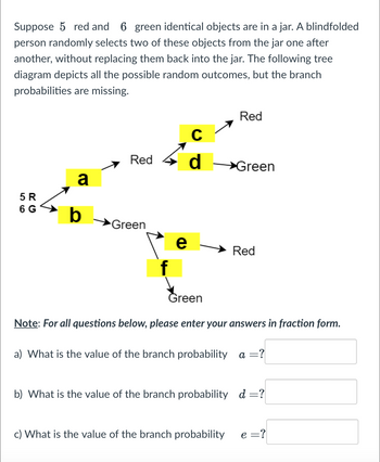 **Problem Statement:**

Suppose there are 5 red and 6 green identical objects in a jar. A blindfolded person randomly selects two of these objects from the jar one after another, without replacing them back into the jar. The following tree diagram depicts all the possible random outcomes, but the branch probabilities are missing.

**Tree Diagram:**

- The first selection:
  - Path "a" leads to selecting a Red object.
  - Path "b" leads to selecting a Green object.

- The second selection after choosing Red (path "a"):
  - Path "c" leads to selecting another Red object.
  - Path "d" leads to selecting a Green object.

- The second selection after choosing Green (path "b"):
  - Path "e" leads to selecting a Red object.
  - Path "f" leads to selecting another Green object.

**Questions:**

**Note:** For all questions below, please enter your answers in fraction form.

a) What is the value of the branch probability \( a \) = [ ]

b) What is the value of the branch probability \( d \) = [ ]

c) What is the value of the branch probability \( e \) = [ ]