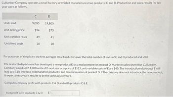 Cullumber Company operates a small factory in which it manufactures two products: C and D. Production and sales results for last
year were as follows.
Units sold
Unit selling price
Unit variable costs
Unit fixed costs
C
9,000 19,800
$94
$75
49
20
D
Net profit with products C & D
41
For purposes of simplicity, the firm averages total fixed costs over the total number of units of C and D produced and sold.
The research department has developed a new product (E) as a replacement for product D. Market studies show that Cullumber
Company could sell 11,000 units of E next year at a price of $115; unit variable costs of E are $40. The introduction of product E will
lead to a 11% increase in demand for product C and discontinuation of product D. If the company does not introduce the new product,
it expects next year's results to be the same as last year's.
Compute company profit with products C & D and with products C & E.
$
20