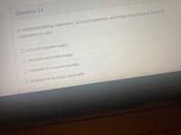 Question 11
A statement listing customers, account balances, and total amount due from all
customers is a/an:
Accounts payable ledger.
Accounts receivable ledger.
Schedule of accounts payable.
O Schedule of accounts receivable.
