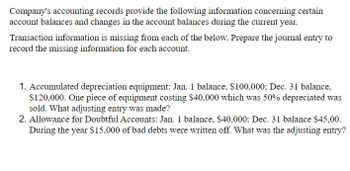 Company's accounting records provide the following information concerning certain
account balances and changes in the account balances during the current year.
Transaction information is missing from each of the below. Prepare the journal entry to
record the missing information for each account.
1. Accumulated depreciation equipment: Jan. 1 balance, $100,000; Dec. 31 balance,
$120,000. One piece of equipment costing $40,000 which was 50% depreciated was
sold. What adjusting entry was made?
2. Allowance for Doubtful Accounts: Jan. 1 balance, $40,000; Dec. 31 balance $45,00.
During the year $15,000 of bad debts were written off. What was the adjusting entry?