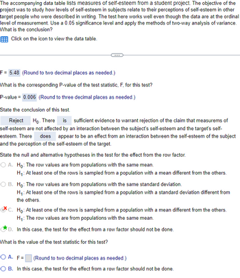 The accompanying data table lists measures of self-esteem from a student project. The objective of the
project was to study how levels of self-esteem in subjects relate to their perceptions of self-esteem in other
target people who were described in writing. The test here works well even though the data are at the ordinal
level of measurement. Use a 0.05 significance level and apply the methods of two-way analysis of variance.
What is the conclusion?
Click on the icon to view the data table.
F = 5.48 (Round to two decimal places as needed.)
What is the corresponding P-value of the test statistic, F, for this test?
P-value = 0.006 (Round to three decimal places as needed.)
State the conclusion of this test.
Reject Ho. There is sufficient evidence to warrant rejection of the claim that measurems of
self-esteem are not affected by an interaction between the subject's self-esteem and the target's self-
esteem. There does appear to be an effect from an interaction between the self-esteem of the subject
and the perception of the self-esteem of the target.
State the null and alternative hypotheses in the test for the effect from the row factor.
O A. Ho: The row values are from populations with the same mean.
H₁: At least one of the rows is sampled from a population with a mean different from the others.
O B. Ho: The row values are from populations with the same standard deviation.
H₁: At least one of the rows is sampled from a population with a standard deviation different from
the others.
*C. Ho: At least one of the rows is sampled from a population with a mean different from the others.
H₁: The row values are from populations with the same mean.
D. In this case, the test for the effect from a row factor should not be done.
What is the value of the test statistic for this test?
OA. F=
(Round to two decimal places as needed.)
O B. In this case, the test for the effect from a row factor should not be done.