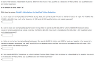 In each of the following independent situations, determine how much, if any, qualifies as a deduction for AGI under § 222 (qualified tuition
and related expenses).
If an amount is zero, enter "0".
Click here to access Exhibit 9.1 Limitations for Qualified Tuition Deduction.
a. Lily is single and is employed as an architect. During 2020, she spends $4,100 in tuition to attend law school at night. Her modified AGI
(MAGI) is $64,000. How much is her deduction for AGI under § 222 (qualified tuition and related expenses)?
b. Liam is single and is employed as a pharmacist. During 2020, he spends $2,400 ($2,100 for tuition and $300 for books) to take a
course in herbal supplements at a local university. His MAGI is $81,000. How much is his deduction for AGI under § 222 (qualified tuition
and related expenses)?
c. Hailey is married and is employed as a bookkeeper. She spends $5,200 for tuition and $900 for books and supplies in her pursuit of a
bachelor's degree in accounting. Her MAGI is $40,000 on the separate return she files. How much is her deduction for AGI under § 222
(qualified tuition and related expenses)?
d. John spends $6,500 of his savings on tuition to attend Carmine State College. John is claimed as a dependent by his parents. How much
is his deduction for AGI under § 222 (qualified tuition and related expenses)?
