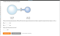 [References]
Consider the flasks in the following diagram.
2.50 L H2
1.00 L N2
425 torr
0.270 atm
What are the final partial pressures of H2 and N, after the stopcock between the two flasks is opened? (Assume the final volume is 3.50 L.)
PH2
torr
PN2
torr
What is the total pressure (in torr)?
torr
Submit Answer
Try Another Version
3 item attempts remaining
