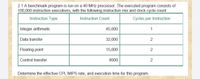 2.1 A benchmark program is run on a 40 MHz processor. The executed program consists of
100,000 instruction executions, with the following instruction mix and clock cycle count:
Instruction Type
Instruction Count
Cycles per Instruction
Integer arithmetic
45,000
1
Data transfer
32,000
Floating point
15,000
Control transfer
8000
Determine the effective CPI, MIPS rate, and execution time for this program.
