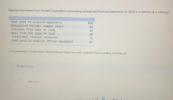 Selected information from Peridot Corporation's accounting records and financial statements for 2021 is as follows ($ in millions):
Cash paid to acquire machinery
Reacquired Peridot common stock
Proceeds from sale of land.
Gain from the sale of land
Investment revenue received
Cash paid to acquire office equipment
Multiple Choice
In its statement of cash flows, Peridot should report net cash outflows from investing activities of:
$28 million.
$33
59
Prey
92
48
71
87
1 of 10
www.
www.
Next