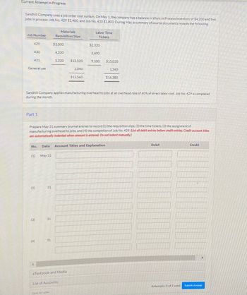 Current Attempt in Progress
Sandhill Company uses a job order cost system. On May 1, the company has a balance in Work in Process Inventory of $4,200 and two
jobs in process: Job No. 429 $2,400, and Job No. 430 $1,800. During May, a summary of source documents reveals the following.
Job Number
429
430
431
General use
Part 1
(1)
(2)
(3)
May 31
4
31
Materials
Requisition Slips
31
(4) 31
$3,000
4,200
Sandhill Company applies manufacturing overhead to jobs at an overhead rate of 60% of direct labor cost. Job No. 429 is completed
during the month.
No. Date Account Titles and Explanation
5,320
Prepare May 31 summary journal entries to record (1) the requisition slips, (2) the time tickets, (3) the assignment of
manufacturing overhead to jobs, and (4) the completion of Job No. 429. (List all debit entries before credit entries. Credit account titles
are automatically indented when amount is entered. Do not indent manually.)
Save for Later
$12,520
eTextbook and Media
1,040
List of Accounts
$13,560
Labor Time
Tickets
$2,320
3,600
9,100
$15,020
1,360
$16,380
Debit
Attempts: 0 of 2 used
Credit
Submit Answer