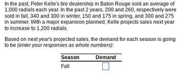 In the past, Peter Kelle’s tire dealership in Baton Rouge sold an average of 1,000 radials each year. In the past 2 years, 200 and 260, respectively were sold in fall, 340 and 300 in winter, 150 and 175 in spring, and 300 and 275 in summer. With a major expansion planned, Kelle projects sales next year to increase to 1,200 radials.

Based on next year's projected sales, the demand for each season is going to be (enter your responses as whole numbers):

| Season | Demand |
|--------|--------|
| Fall   |        |